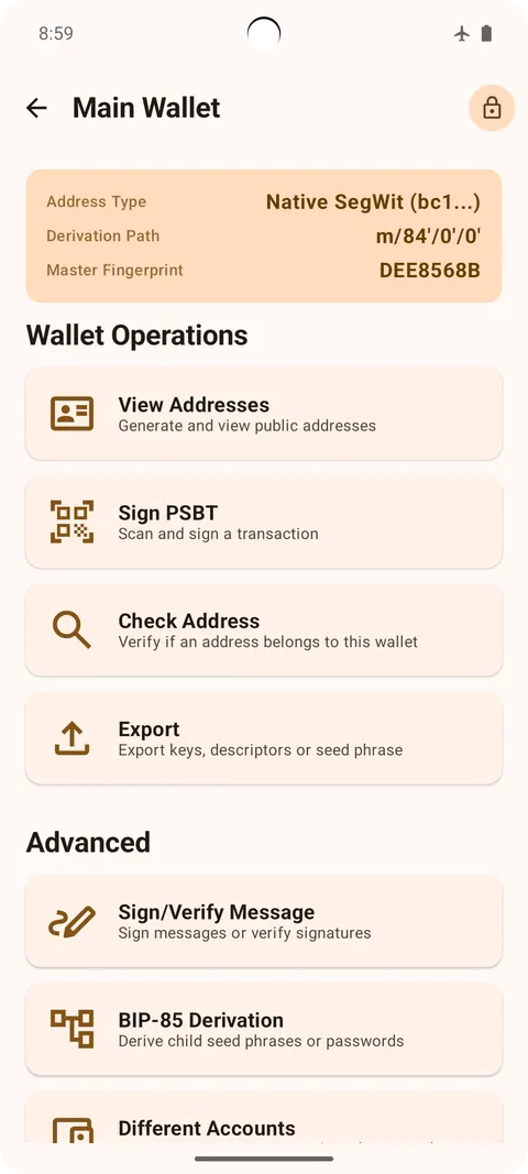 Addresses, PSBT signing, and export per wallet