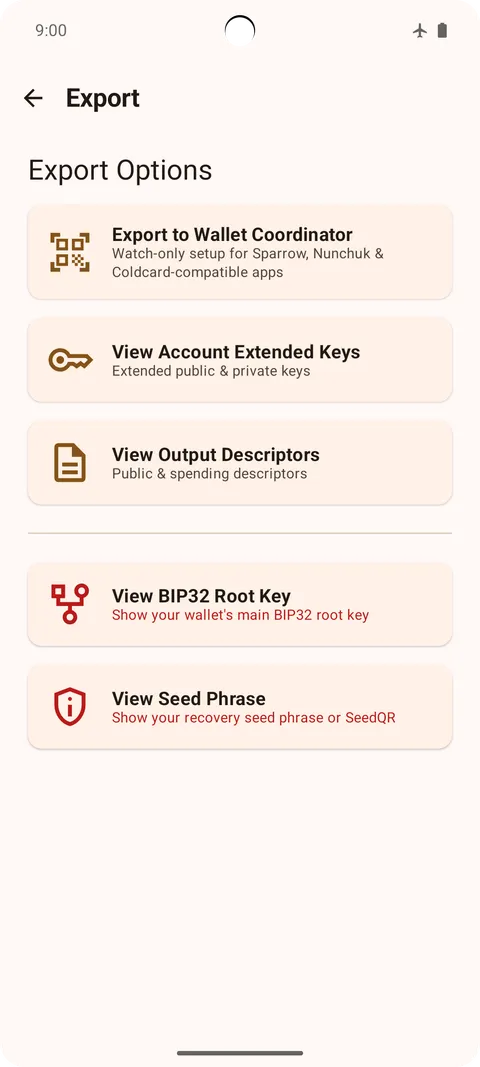 Export keys, descriptors, and SP scan keys