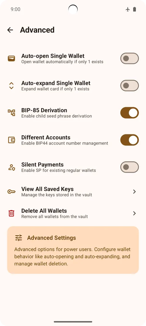 Power-user toggles: BIP-85, accounts, Silent Payments